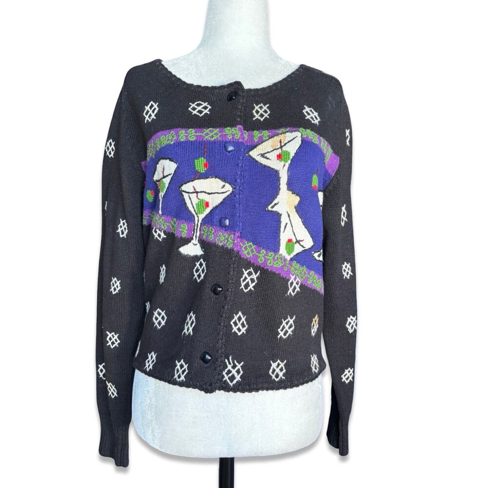 Vintage Michael Simon Martini Knit Cardigan Black Cobalt Novelty Sweater Petite